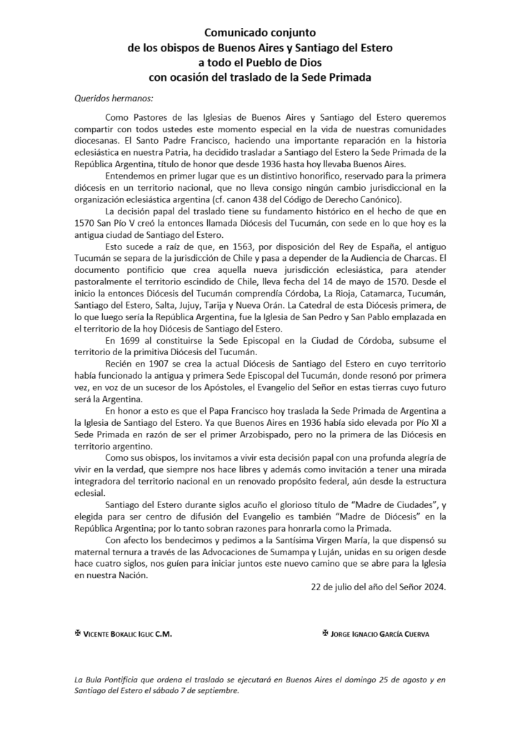 comunicado conjunto arq bs as y santaigo del estero cambio de sede primada